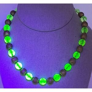 Uranium Glass Beaded Necklace UV UG Possibly Czech Leaves Berries Brass Beads Vi